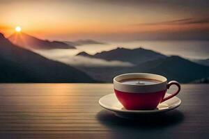 Kaffee Tasse auf das Tabelle mit Berge im das Hintergrund. KI-generiert foto