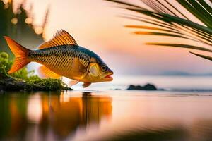 ein Fisch ist Stehen auf das Ufer von ein See beim Sonnenuntergang. KI-generiert foto