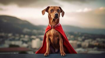 Porträt von ein Hund gekleidet wie ein Superheld mit ein rot Kap foto