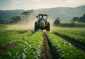 landwirtschaftlich Traktor mit Anhänge fährt durch Bauernhof Feld und landwirtschaftlich Hintergrund foto