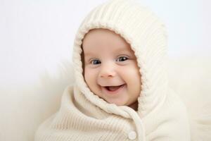 bezaubernd Neugeborene Baby eingewickelt im Weiß Decke lächelt mit Freude und Überraschung. klein Kind. Porträt auf Weiß Hintergrund mit Kopieren Raum. Werbung, Banner, Poster, Kinder- speichern. ai generiert foto