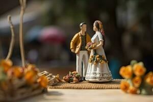 Miniatur zwei Menschen im Liebe. Spielzeug wenig Mann und Gattin. Konzept von Hochzeit, Romantik und Valentinstag Tag erstellt mit generativ ai Technologie foto