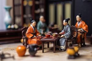 Miniatur Tee Zeremonie. klein Diorama von Chinesisch Menschen im uralt traditionell Kleider Trinken Kräuter- Tee. Konzept von Tee Trinken, Buddhismus, erstellt mit generativ ai Technologie foto