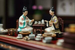 Miniatur Tee Zeremonie. klein Diorama von Chinesisch Menschen im uralt traditionell Kleider Trinken Kräuter- Tee. Konzept von Tee Trinken, Buddhismus, erstellt mit generativ ai Technologie foto