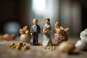 Miniatur Zahl von Jungvermählten. Mann und Ehefrau im Hochzeit Kleidung. Konzert von klassisch Hochzeit und romantisch Valentinstag Tag. glücklich wenig Spielzeug Mann und Frau erstellt mit generativ ai Technologie foto