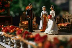 Spanisch oder Mexikaner Hochzeit im Miniatur Stil. zwei Liebhaber im schön Hochzeit Kleider. wenig Spielzeug Mann und Gattin. Konzept von Liebe, Romantik erstellt mit generativ ai Technologie foto