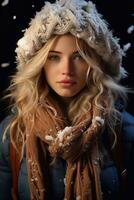 golden behaart Winter glam Bild von ein Mädchen im gemütlich Kleider Deckel Weiß golden Haar und Blau Auge generativ ai foto