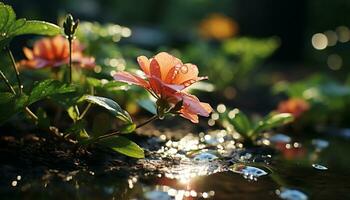 Natur Schönheit im ein Single Blume, beschwingt Farben reflektieren im Wasser generiert durch ai foto