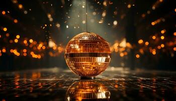 Nachtleben beleuchtet durch Disko Ball Betrachtung, Feier im hell Kugel generiert durch ai foto