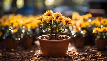 Frische und Schönheit im Natur ein klein eingetopft Sonnenblume Blüten generiert durch ai foto