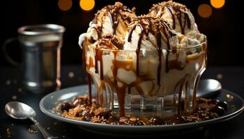 nachsichtig Dessert cremig, dunkel Schokolade Eis Sahne mit ausgepeitscht Sahne generiert durch ai foto