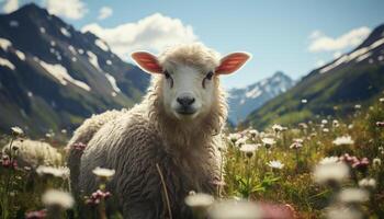 süß Lamm Weiden lassen im Grün Wiese, umgeben durch majestätisch Berge generiert durch ai foto