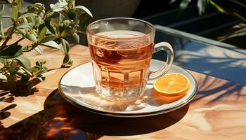 erfrischend Sommer- trinken auf ein hölzern Tisch, Natur gesund Zitrusfrüchte Cocktail generiert durch ai foto