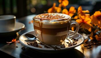 Kaffee Tasse auf ein hölzern Tisch, ein schaumig, heiß, aromatisch trinken generiert durch ai foto