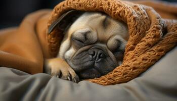 süß Hündchen Schlafen, faltig Porträt Französisch Bulldogge, klein, spielerisch, drinnen generiert durch ai foto