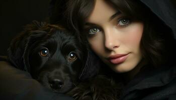 süß Hund Porträt, Frau Umarmen Freundschaft mit klein Hündchen generiert durch ai foto