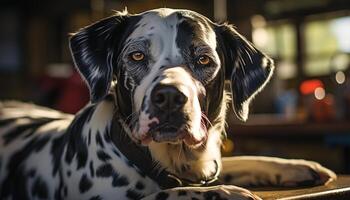 ein Niedlich, reinrassig Hund Sitzung drinnen, suchen beim das Kamera generiert durch ai foto