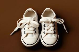 ein Bild von Weiß Baby Schuhe auf Beige Hintergrund, oben Sicht, Kopieren Raum generativ ai foto