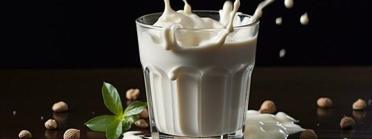 Milch Spritzen im ein Glas mit Mandeln auf ein dunkel Hintergrund. generativ ai foto