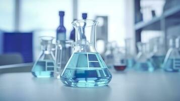 ein Wissenschaft Becherglas im das Labor auf ein Tabelle Weiß und Licht Blau Hintergrund.. Labor Ausrüstung aus von Fokus. ai generativ foto