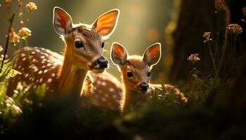 süß Hirsch im Wiese, suchen beim Kamera, umgeben durch Natur generiert durch ai foto