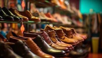 Schuh Geschäft Anzeige Vitrinen Leder Sammlung, Angebot Vielfalt und Wahl generiert durch ai foto