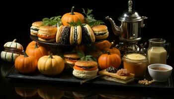 Herbst Süss Feier Kürbis Kuchen, Halloween Süssigkeit, rustikal Genuss generiert durch ai foto