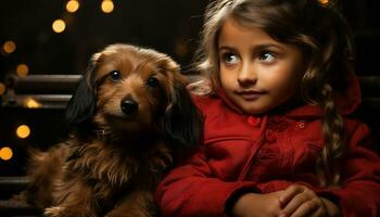 ein süß Hund und Kind, lächelnd, suchen beim Kamera, Glück generiert durch ai foto