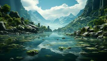 still Szene von majestätisch Berg Gipfel reflektieren im heiter Teich generiert durch ai foto