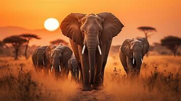 Elefanten auf Migration über trocken Savanne Gras Herde Szene generativ ai foto