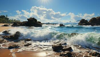 ein still Szene von ein tropisch Küste, Wellen brechen sanft generiert durch ai foto