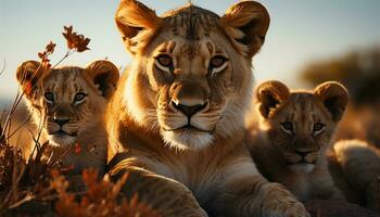 majestätisch Löwin und süß Löwe Jungtier im afrikanisch Wildnis generiert durch ai foto