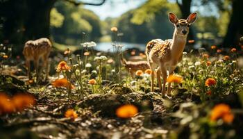 süß Hirsch Weiden lassen auf Grün Wiese, umgeben durch schön Natur generiert durch ai foto