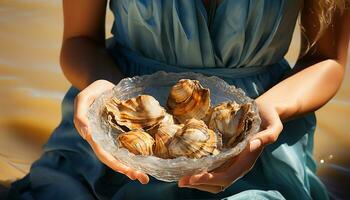 Frauen halten Muscheln, genießen Urlaube im Natur Schönheit und Sonnenlicht generiert durch ai foto