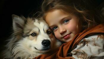 ein süß Hund, ein Kind, und rein Freundschaft im einer Porträt generiert durch ai foto
