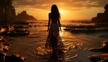 jung Frau Stehen beim Wasser Rand, genießen das Sonnenuntergang generiert durch ai foto