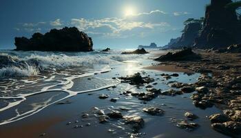 still Seelandschaft Sonnenuntergang Farben das Himmel, Wellen Absturz auf Felsen generiert durch ai foto