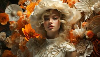 ein schön blond Frau im Herbst, umgeben durch bunt Natur generiert durch ai foto
