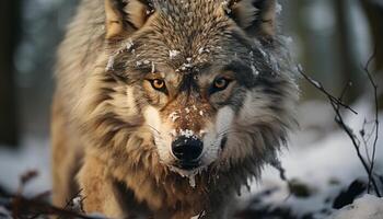 ein süß Wolf im das Schnee, suchen beim das Kamera generiert durch ai foto