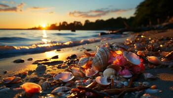 Sonnenuntergang Über das still Gewässer, ein Sommer- Paradies zum Urlaube generiert durch ai foto