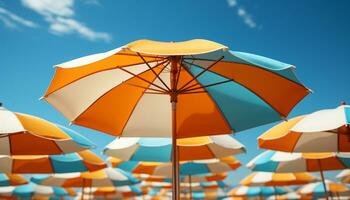 beschwingt Blau Regenschirm Schatten Strandgänger auf ein sonnig Sommer- Tag generiert durch ai foto