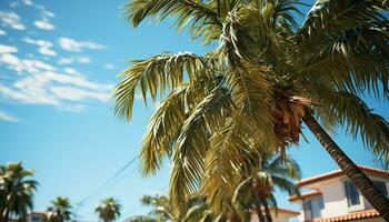tropisch Palme Baum, Blau Himmel, sandig Strand, exotisch Ferien Paradies generiert durch ai foto