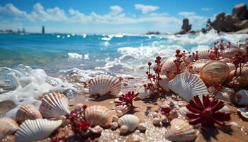 tropisch Küste, Blau Wasser, sandig Strand, Seestern, und Muscheln generiert durch ai foto