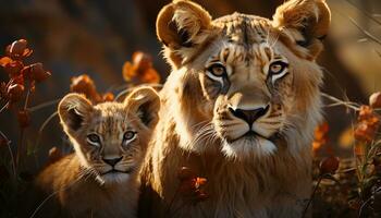 majestätisch Löwin versteckt sich im das Wildnis, Blick beim Kamera mit Schönheit generiert durch ai foto