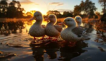 süß Gelb Entlein Quacksalber in der Nähe von Teich, reflektieren Schönheit im Natur generiert durch ai foto