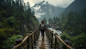 Männer und Frauen Wandern im Natur, erkunden Berg Spitzen und Wälder generiert durch ai foto