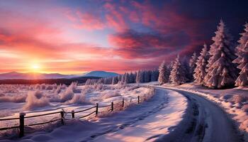 Winter Landschaft majestätisch Berge, schneebedeckt Bäume, still Wiese, und eisig Luft generiert durch ai foto