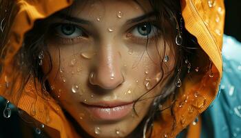 lächelnd Frau im Regen, genießen Natur Schönheit und Frische generiert durch ai foto