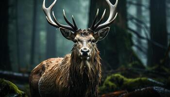 ein süß Hirsch im das Wald, suchen beim das Kamera generiert durch ai foto