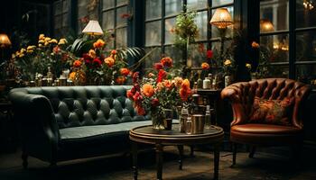 komfortabel Sessel, modern Dekor, elegant Vase, Natur inspiriert Anlage, entspannend Fenster Aussicht generiert durch ai foto